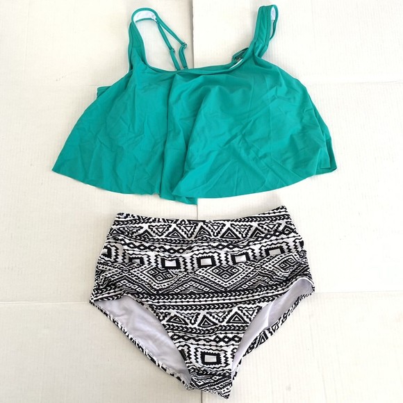 Fancyskin Womens XXL 2XL Swimsuit Bikini Teal Aztec High Waist Tummy Control New - Picture 2 of 9